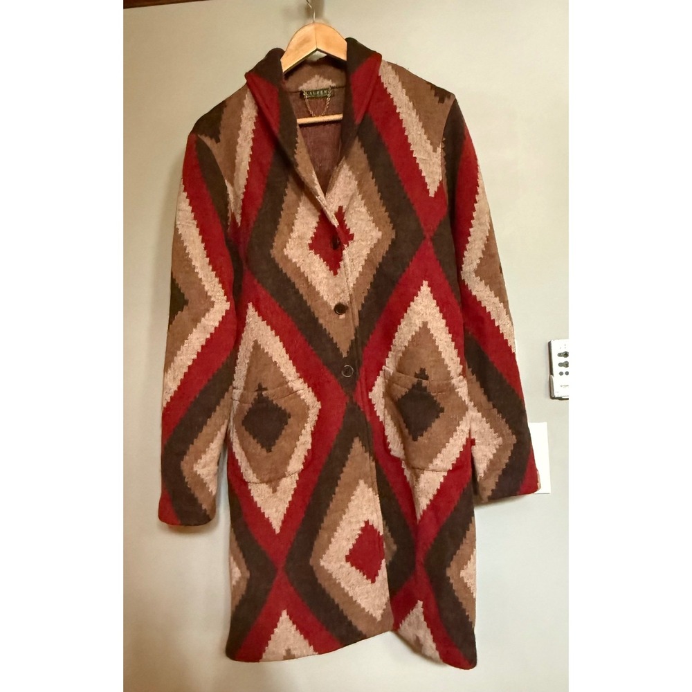 Lauren Ralph Lauren Cardigan Womens M Red Brown Diamond Southwestern Duster Coat